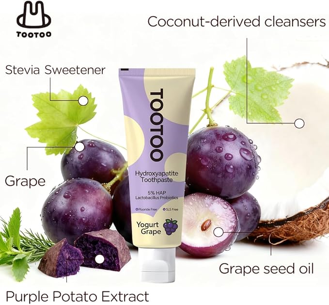 TooToo Fluoride Free Kids Hydroxyapatite Toothpaste - Probiotics & Xylitol Toothpaste - Safe to Swallow, All Natural - Yogurt Grape Favor, 8.4 OZ