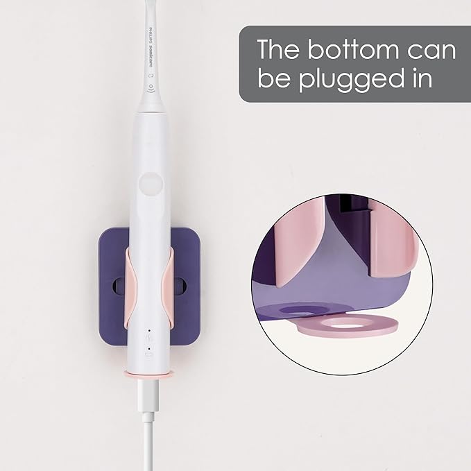 2-Pack Gravity Electric Toothbrush Holder, Wall Mounted Auto-Grip Stand with Open Drain & Charging Port, Self-Adhesive Hygienic Storage Caddy for Bathroom (Purple & Pink)
