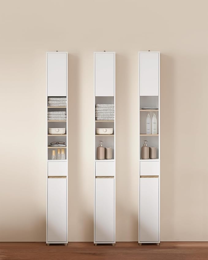 SoBuy Bathroom Narrow Storage Cabinet Skinny Tall Unit with Adjustable Shelves Slender Anti-Tipping Floor Standing Cupboard, White & Natural BZR34-WN