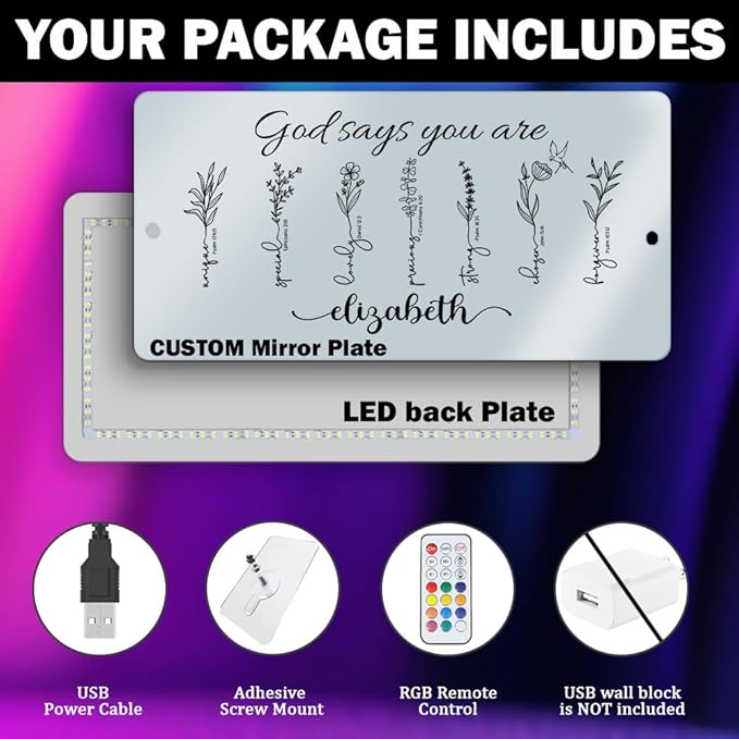 Personalized Affirmation Mirror LED Light - I Am Mirror - Name Light Up Sign for Wall RGB Light - LED Name Sign - Personalized Mirror Name Sign - Handmade Led Mirror for Bedroom (God Says You Are)