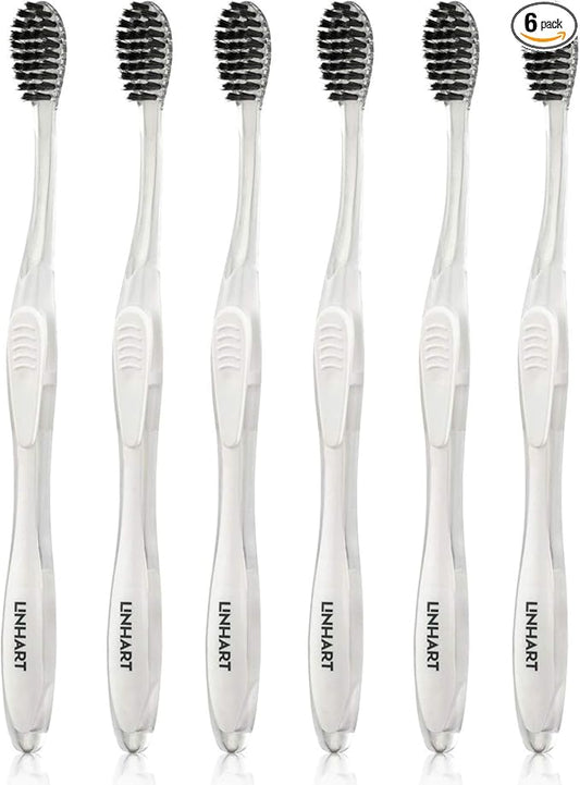 LINHART Extra Soft Toothbrush – Teeth Whitening Toothbrush with Multi Length Bristles, White with Black Bristles, 6 Pack