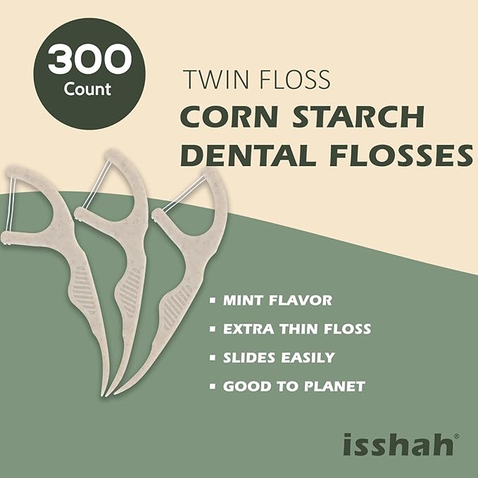 Natural Dental Floss Picks (300 Count) - Kraft Paper Box Packaging, Plant Based, PETA Approved Vegan, Eco Friendly, Sustainable Dental Flossers - Twin Floss (Mint)