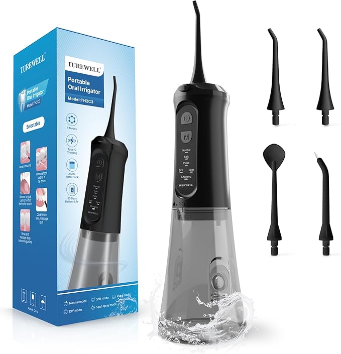 TUREWELL Water Dental Flosser for Teeth/Braces, 310 ML Portable Cordless Oral Irrigator with 5 Modes, IPX7 Waterproof Electric Water Flossing with 4 Replacement Jet Tips for Travel and Home, Black