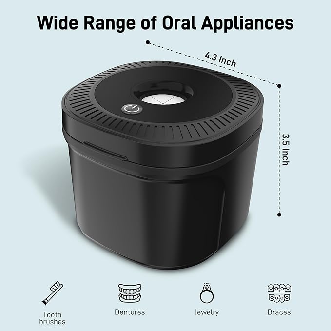 Ultrasonic Retainer Cleaner, Dental Cleaning Pod with U-V Lights, 45kHz Retainer Cleaner Machine for Dentures, Toothbrush Heads, Jewelry, Aligner, Night Mouth Guards (Black)