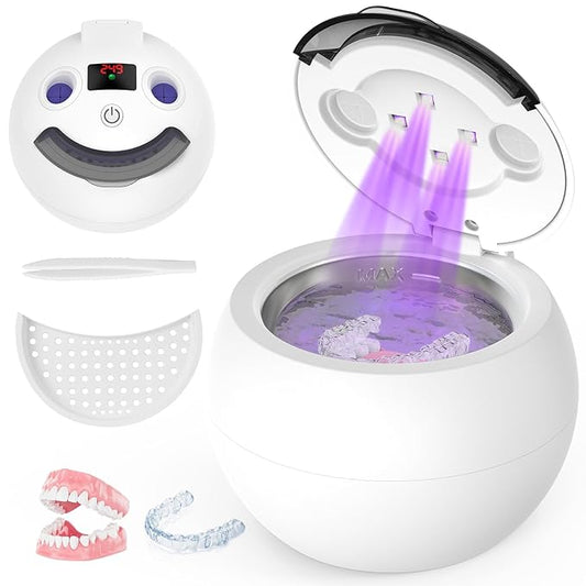 Dental Ultrasonic Retainer Cleaner - 48kHz Dental Cleaning Pod for Denture, Braces, Mouth Guard, Toothbrush Heads, Jewelry, 4 Modes Retainer Cleaner Machine with Digital Timer & 200ML,White
