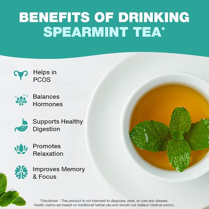 HANDPICK, Spearmint Tea Bags for PCOS relief (100 Herbal Tea Bags) |Refreshing Mint Tea | Non-GMO | Round Eco-Conscious Teabags