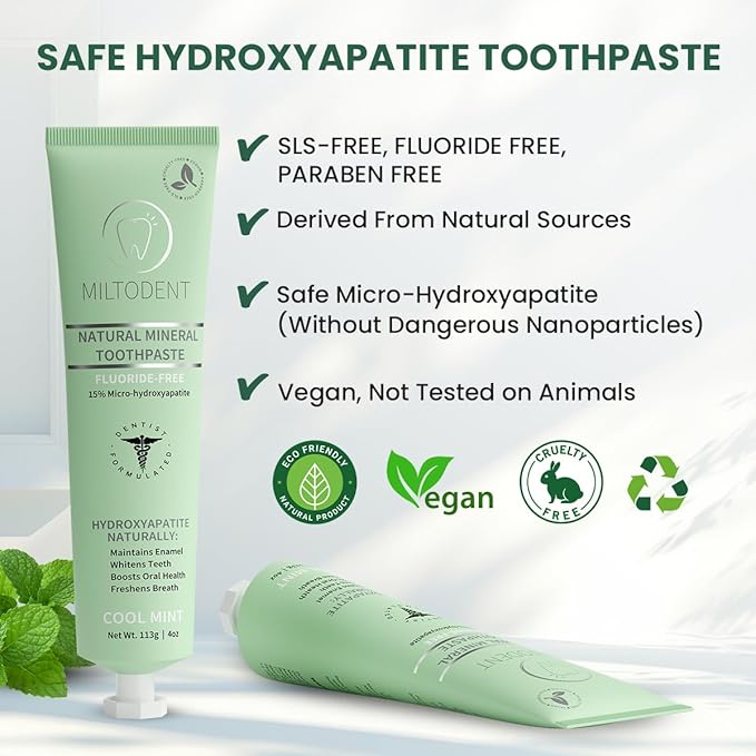 Hydroxyapatite Toothpaste – MILTODENT 15% Micro-Hydroxyapatite Premium Toothpaste Fluoride-Free, Foam-Free, Natural Mineralizing | Safe Alternative to Nano-Hydroxyapatite | SLS-Free & Paraben-free 4oz