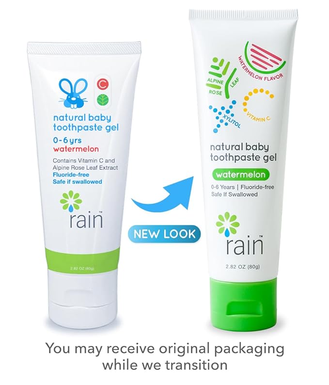 Baby Toothpaste 6 to 12 Months - Rain Fluoride Free Tooth Paste Gel for Infant Toddler Kids 0-6 Years and Up, Safe to Swallow, 2.8 Oz, Babies Training, Xylitol, Vitamin C, Vegan, SLS Free, Gluten Free