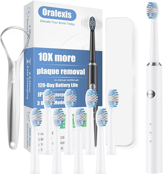 Electric Toothbrush for Adults and Kids, with 8 Brush Heads and Tongue Scraper, 2 Minute Smart Timer, One Fast Charge Last 120 Days, 40000 VPM Deep Clean, Sonic Travel Toothbrush - White