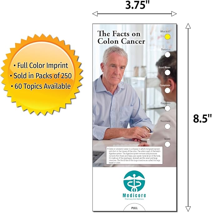 ZOCO - The Facts on Colon Cancer Slide Chart - Custom Promotional Item (Pack of 250) - Prevention, Diagnosis, Treatment Guide, Brochure - Doctor’s Office, Health Clinics, Handout - 3.75 x 8.5 in.