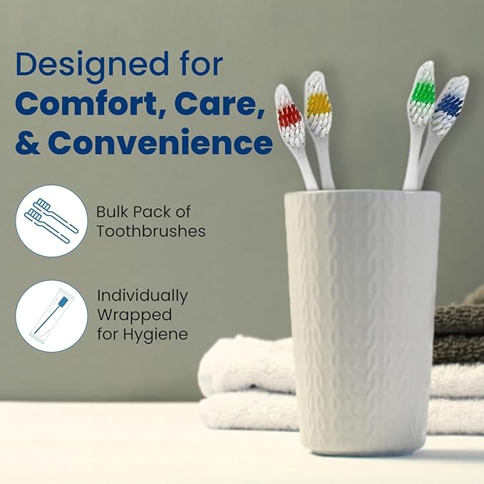100 Toothbrushes Bulk Wholesale Quantity Standard Size, Dental Care Toiletries, Medium Soft Bristles, Individually Wrapped, Homeless Care, Disposable Use, Hotels, Travel
