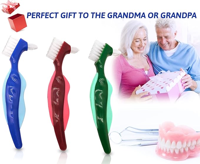 Premium Hard Denture Brush Toothbrush for False Teeth, Multi-Layered Bristles & Portable Denture Double Sided Brush, Denture Care (Pack of 4)