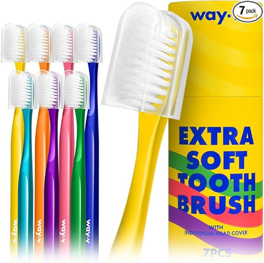 Way.V Extra Soft Toothbrush 7 Pack for Sensitive Gums and Teeth 3000 Ultra Gentle Bristles Brushes with Hygienic Head Covers Friendly Dentist Recommended BPA Free - Family Container 7 Pack