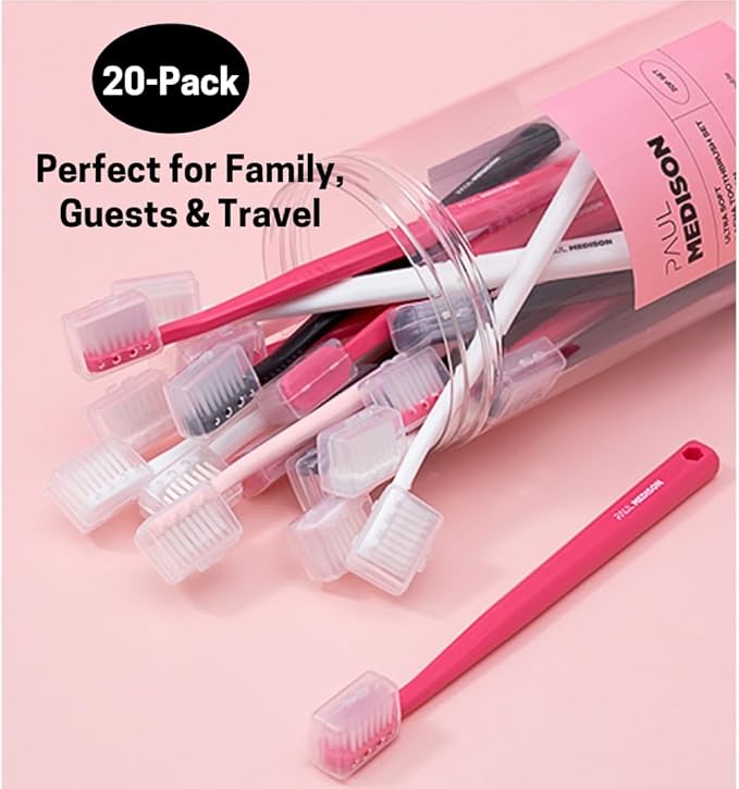 Extra Soft Toothbrushes for Adults, 20-Pack Ultra Fine Bristle Toothbrush Multipack with Covers | Small Head, Gentle on Sensitive Gums | Aesthetic Pink, Black & White Design