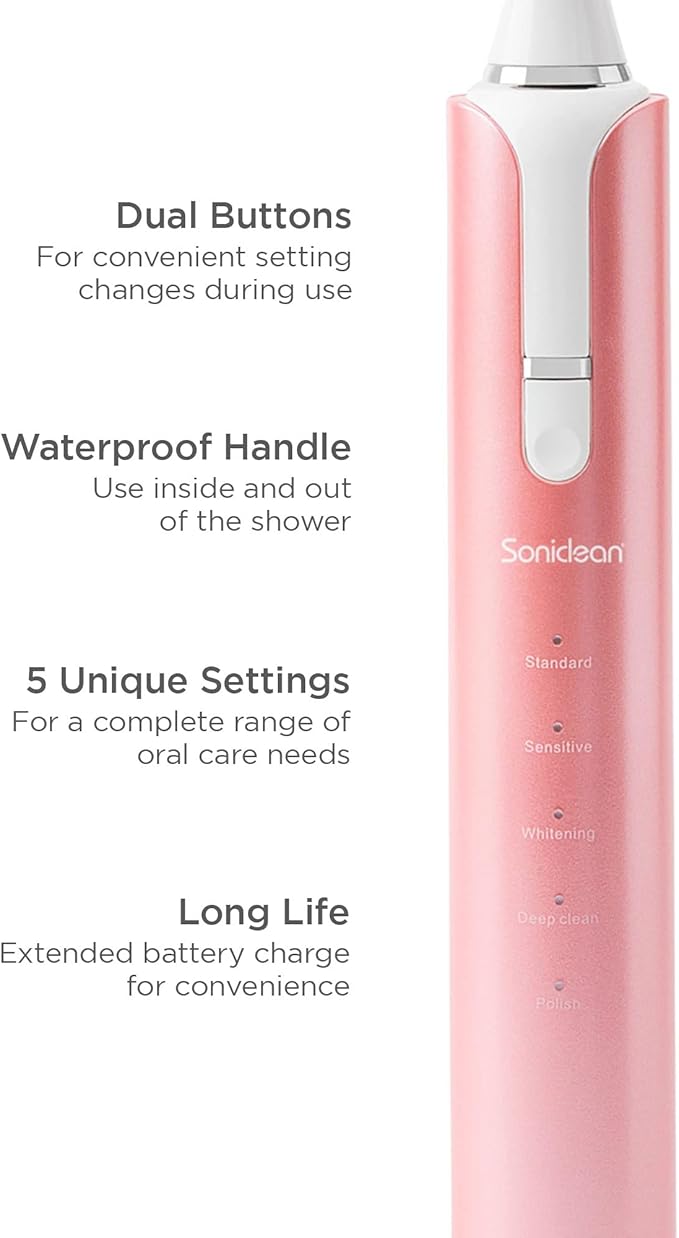 Soniclean Lux Sonic Toothbrush for Adults with 6 Toothbrush Heads, Rechargeable, Automatic, Sonic with Refills, Rose Gold