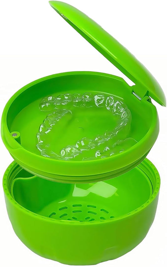 Retainer Cleaner Case,Double Layer No-Leak Denture Cup for Soaking Dentures, Denture Bath for Aligner,Retainers,Mouth Guard,Night Guard Solid Color (Green)