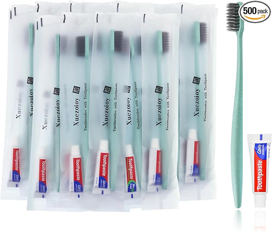 Disposable Toothbrushes with Toothpaste,500 Pack Green Individually Wrapped Disposable Travel Toothbrushes Kit in Bulk for Homeless,Nursing Home,Hotel,Charity