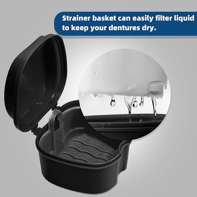 Annhua Denture Cup Retainer Cleaning Case Denture Soaking Container With Strainer Basket, Denture Cups For Soaking Dentures Mouthguard Storage Holder - Black