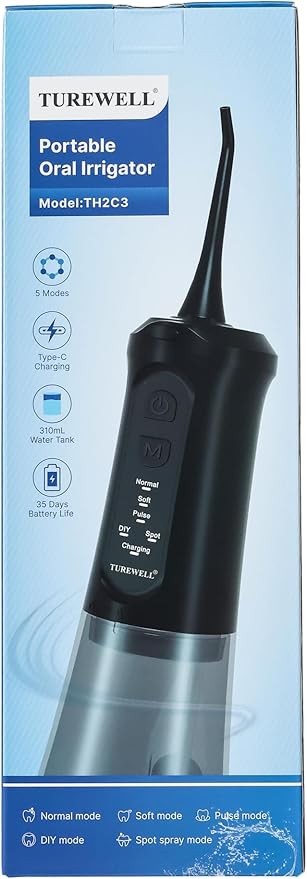 TUREWELL Water Dental Flosser for Teeth/Braces, 310 ML Portable Cordless Oral Irrigator with 5 Modes, IPX7 Waterproof Electric Water Flossing with 4 Replacement Jet Tips for Travel and Home, Black