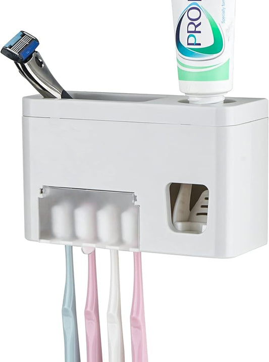 LUEXBOX Self Adhesive Toothbrush Holders Wall Mounted, Multifunction Toothpaste Stand with Covers, Automatic Toothpaste Dispenser for Bathroom, Toothbrush Hanger Rack for Dorm, Cabinet