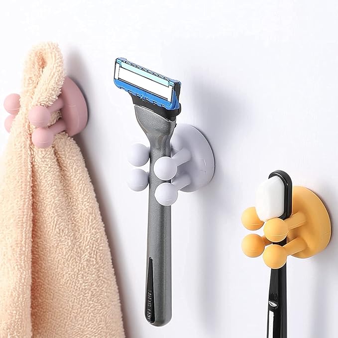 Silicone Toothbrush Holders - 6Pcs Razor Hooks Adhesive Wall Mounted for Hanging Towel Key Plug Cable, Utility Decor Stick to Dorm Room Door Function for Kitchen Bathroom Home Office, Black