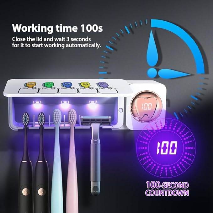 Bathroom Toothbrush Holder, Labelable with User Name, Multi-Slot Toothbrush Cleaner, Rechargeable Toothbrush Holder, Wall Mounted, for Bathroom, No Drilling Required, 5 Slots