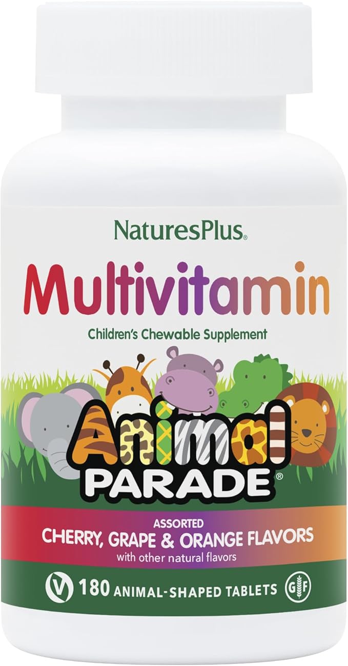 Natures Plus Animal Parade Children's Chewable Multivitamin - 180 Animal-Shaped Tablets, Pack of 2 - Natural Assorted Flavors - Vegan, Gluten Free - 180 Total Servings