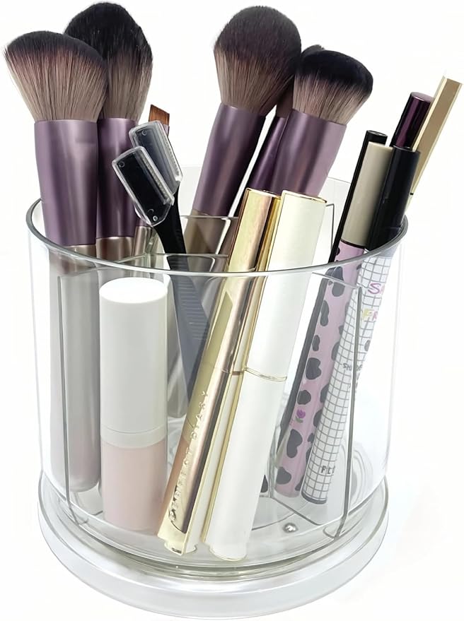Makeup Brush Holder 360 Rotating Makeup Brushes Organizer for Vanity, 5 Slots Makeup Organizers & Storage, Multi-Functional Pencil Pen Holder for Desk, Cosmetic Storage Container Cup (Clear)