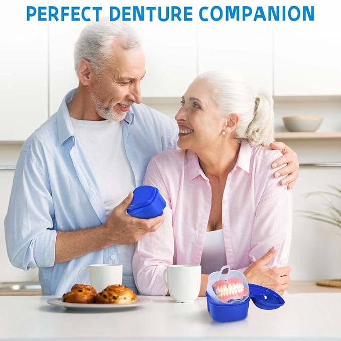 Light Blue Denture Bath Case Cup Box Holder Storage Soak Container with Strainer Basket for Travel Cleaning