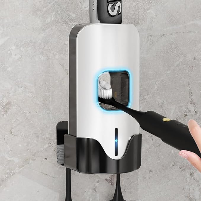 Automatic Toothpaste Dispenser Wall Mounted - Smart Touchless Toothpaste Squeezer with 3 Adjustable Levels, 2 Toothbrush Holders- for Kids and Adults, Bathroom Essentials