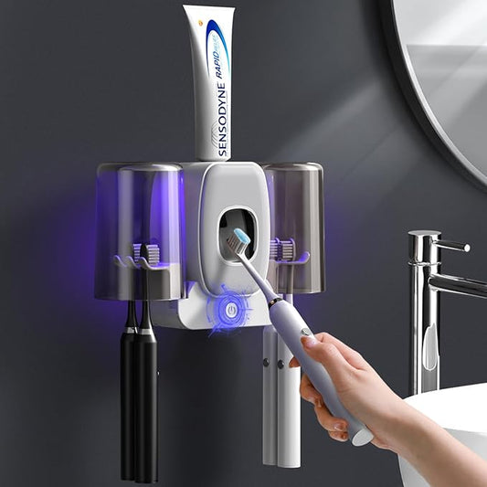 Toothbrush Holders for Bathrooms, Wekity Automatic Toothpaste Dispenser Space Saving Toothbrush and Toothpaste Holder，Toothbrush Holder Wall Mounted with 2 Cups for Bathroom (Grey)…