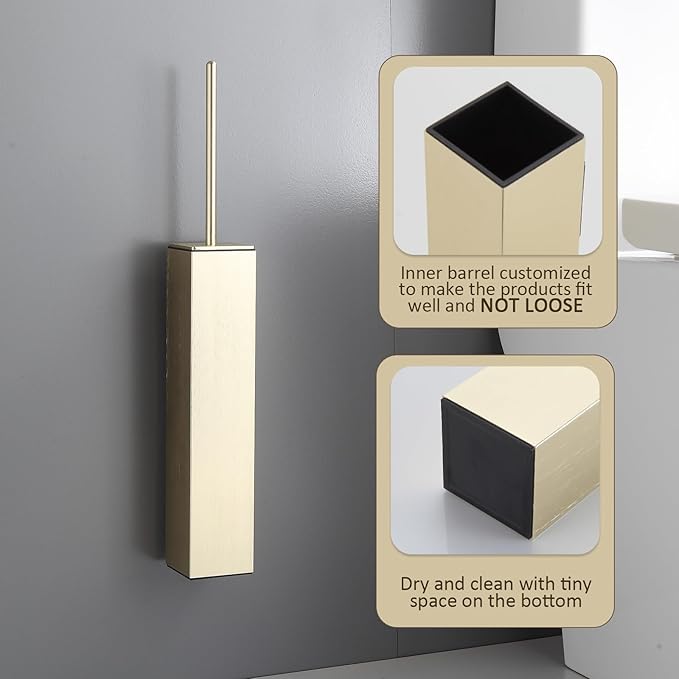 Toilet Brush and Holder Wall Mounted, Brushed Gold Aluminum with 2 Replaceable Heads, Bathroom Toilet Brush, Drill or 3M Adhesive Mount, Removable Liner and Splash Guard, Modern Square Design