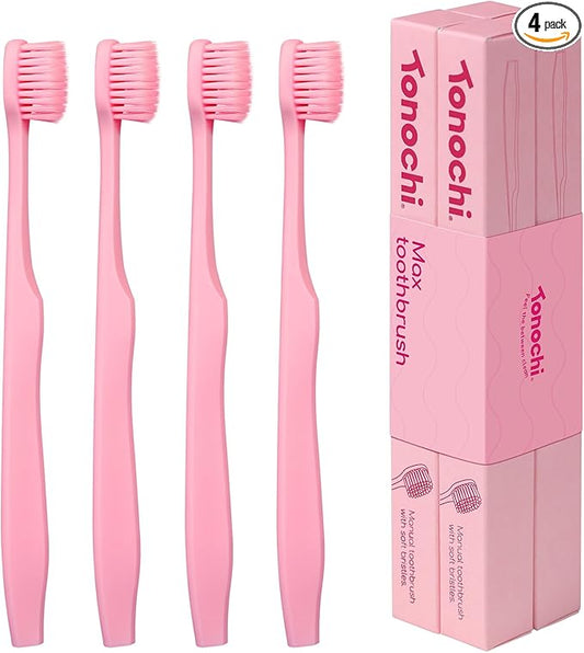 Max Extra-Soft Toothbrush for Adults Sensitive Gums – Gentle Bristles, Wide Angled Head for Back Teeth, Ergonomic Non-Slip Grip, BPA-Free Handle, Individually Wrapped, 4-Pack(Pink)