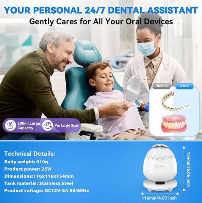 Ultrasonic Retainer Cleaner Machine for Dentures | 45kHz Dental Cleaning Pod for Aligner, Nightguard, Braces, Jewelry, Watch, 3 Timer Modes - with Cooling Fan & Removable Base Moonlight White