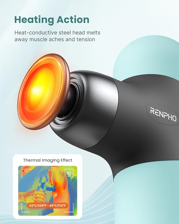RENPHO Mini Thermal Massage Gun with Heat, Valentines Birthday Gifts for Women Men, Portable Deep Tissue Percussion Massager, Color Silicone Sleeves Travel Size with Carry Case, Mint