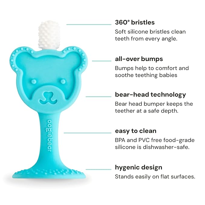 oogiebear Infant-to-Toddler Training Teether Toothbrush - 0-2 Years - 360° Soft Silicone, Promotes Safe Brushing, Baby & Kids Health - Teddy Bear Design Oral Care - 1 Unit