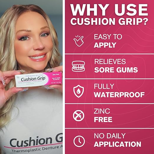 Cushion Grip Thermoplastic Denture Adhesive 1oz (10 Pack)–Extra Strong Hold Up to 4 Days, Unmatched Strength, Waterproof & Zinc Free, Relieves Sore Gums, Comfortable Refit, Long Lasting Denture Refit