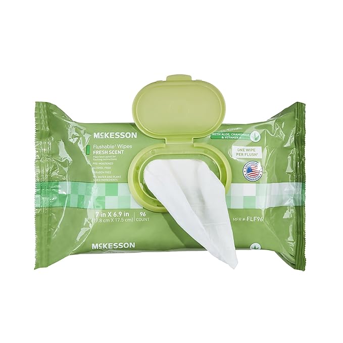 McKesson Flushable* Adult Wet Wipes – 96 Wipes (1 Pack of 96) – Aloe & Vitamin E, Plant-Based Cleansing Wipes, Scented