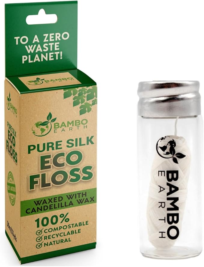 Biodegradable Mint Dental Tooth Lace Floss With Refillable & Reusable Glass Holder - 100% Organic Natural and Compostable Teeth Silk Spool Waxed With Candelilla Wax & Eco-Friendly Zero Waste Packaging