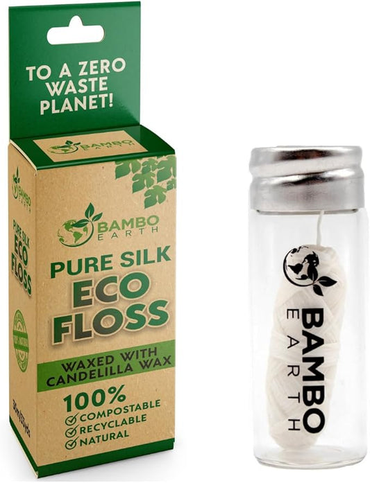 Biodegradable Mint Dental Tooth Lace Floss With Refillable & Reusable Glass Holder - 100% Organic Natural and Compostable Teeth Silk Spool Waxed With Candelilla Wax & Eco-Friendly Zero Waste Packaging