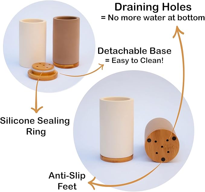 Matani Bamboo Toothbrush Holder Diatomite Tooth Brush Organizer - Storage Stand for Small Bathroom & Counter - Removable Base & Drain Holes, Water-Absorbent & Quick-Drying (Black Holder)