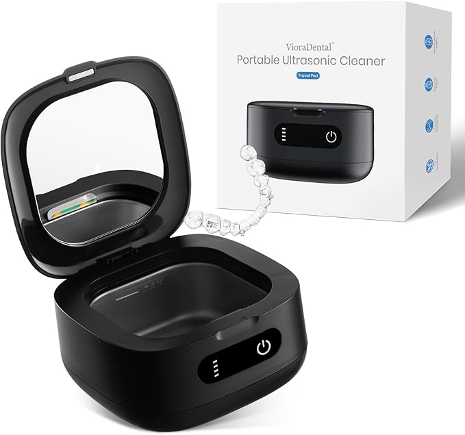 Viora Rechargeable 52kHz Ultrasonic Retainer Cleaner: Cordless Portable UV Dental Cleaning Pod for Invisalign, Denture, Mouthguard, Nightguard, Jewelry, with Mirror, USB-C Travel Cleaning Kit+Tablets