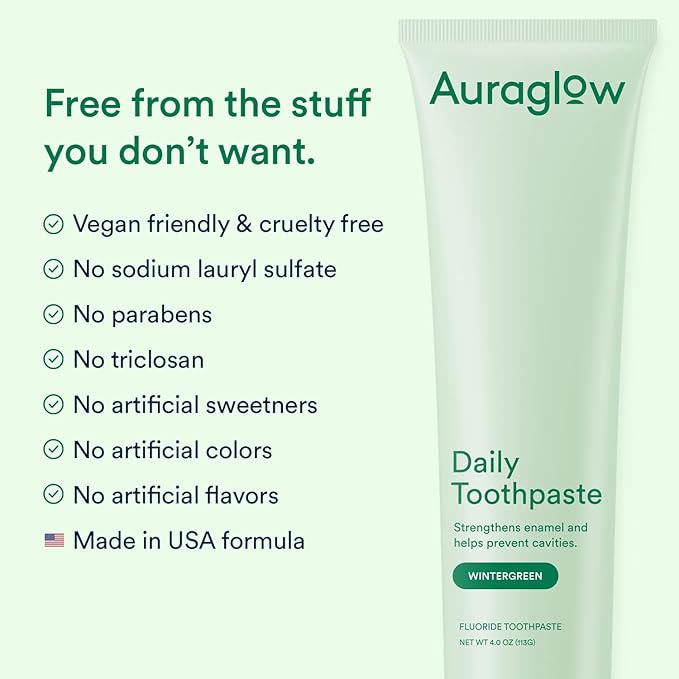 Auraglow Daily Toothpaste, Anticavity Fluoride Toothpaste, Helps Prevent Cavities, Helps Strengthen Enamel, Freshens Breath, for Adults, Kids Oral Care, Wintergreen Flavor, 4 oz (1 Pack)