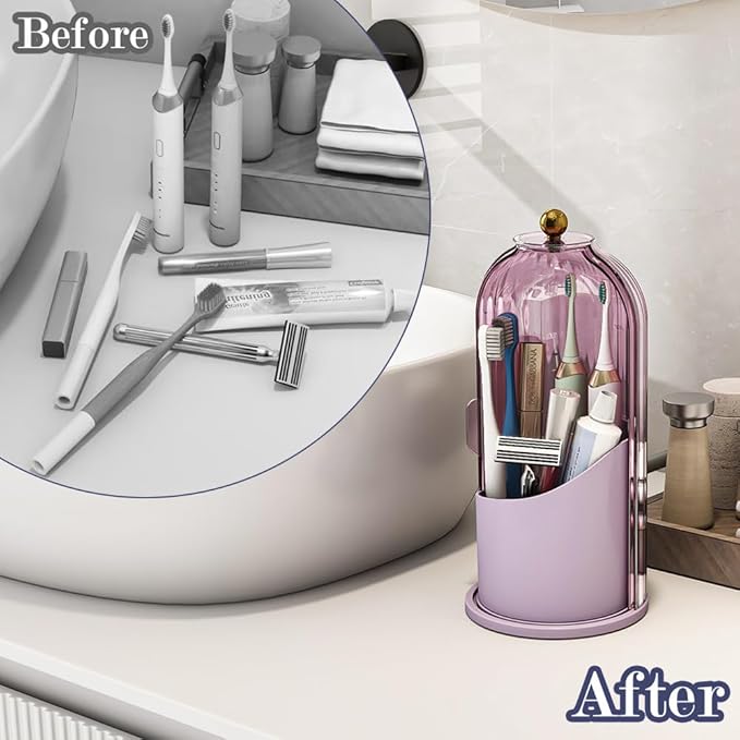 Dustproof Toothbrush Holders with Cover, Rotating Electric Toothbrush and Toothpaste Holder for Bathroom Countertop, 3 Slots Makeup Brushes Organizer, All Pink
