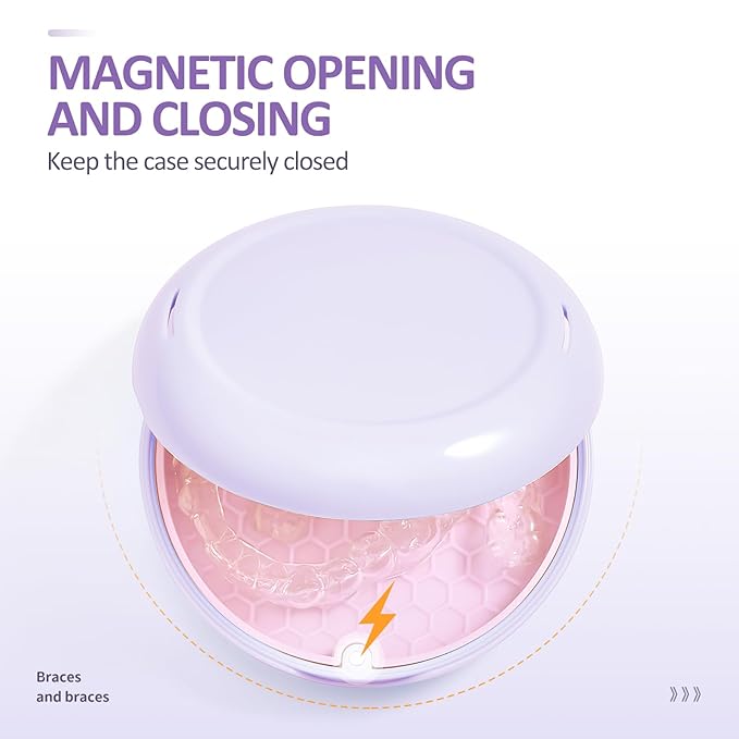 Retainer Case with Mirror,Slim Aligner Case with Vent Holes,Cute Dental Brace Box with Retainer Removal Tool and Brush (Purple Pink)