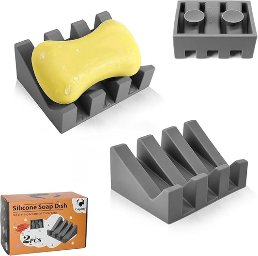 Self Draining Soap Dish,Silicone Suction Cup Soap Holder, Bathroom Soap Dish for Bar Soap,Can Extend Soap Life,Bathroom, Bath Tub, Kitchen Sink (2, Grey)