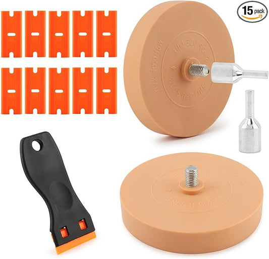 2pcs Car Eraser Wheel with 1 Plastic Scraper and Adapter, 3.5 Inch Decal Remover Wheel for Drill, Rubber Tool Kit for Quick Remove Sticker, Vinyl, Decal, Adhesive, Residue, Tape