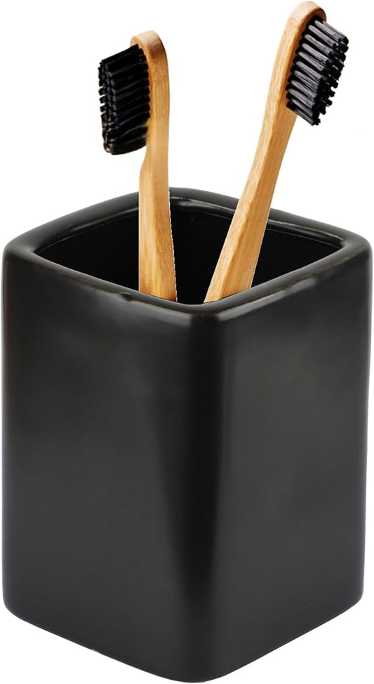 Black Ceramic Square Toothbrush Cup – Durable Black Toothbrush Holder for Bathroom, Hotel & Office Desk Storage – Modern Bathroom Countertop Holder for Toothpaste, Razors & Daily Essentials