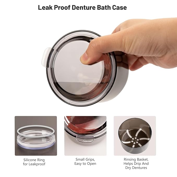 Denture Case, Leak Proof Denture Bath Cup, Full & Partial Denture Clean Holder Box with Strainer, Denture Brush, Denture Soaking Container Cups for Dentures, Retainers, Mouth Guard Storage Case -Black