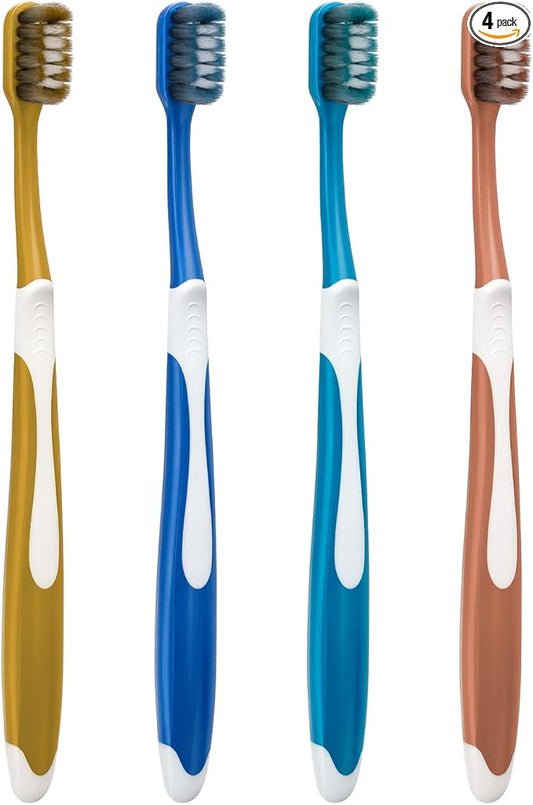 D & K Exclusives Extra Soft Bristle Toothbrushes 4 Pack Manual Toothbrushes with Gentle Thick Bristles for Sensitive Teeth & Gum Care, Comfortable Grip Handles for Adults, Multicolor